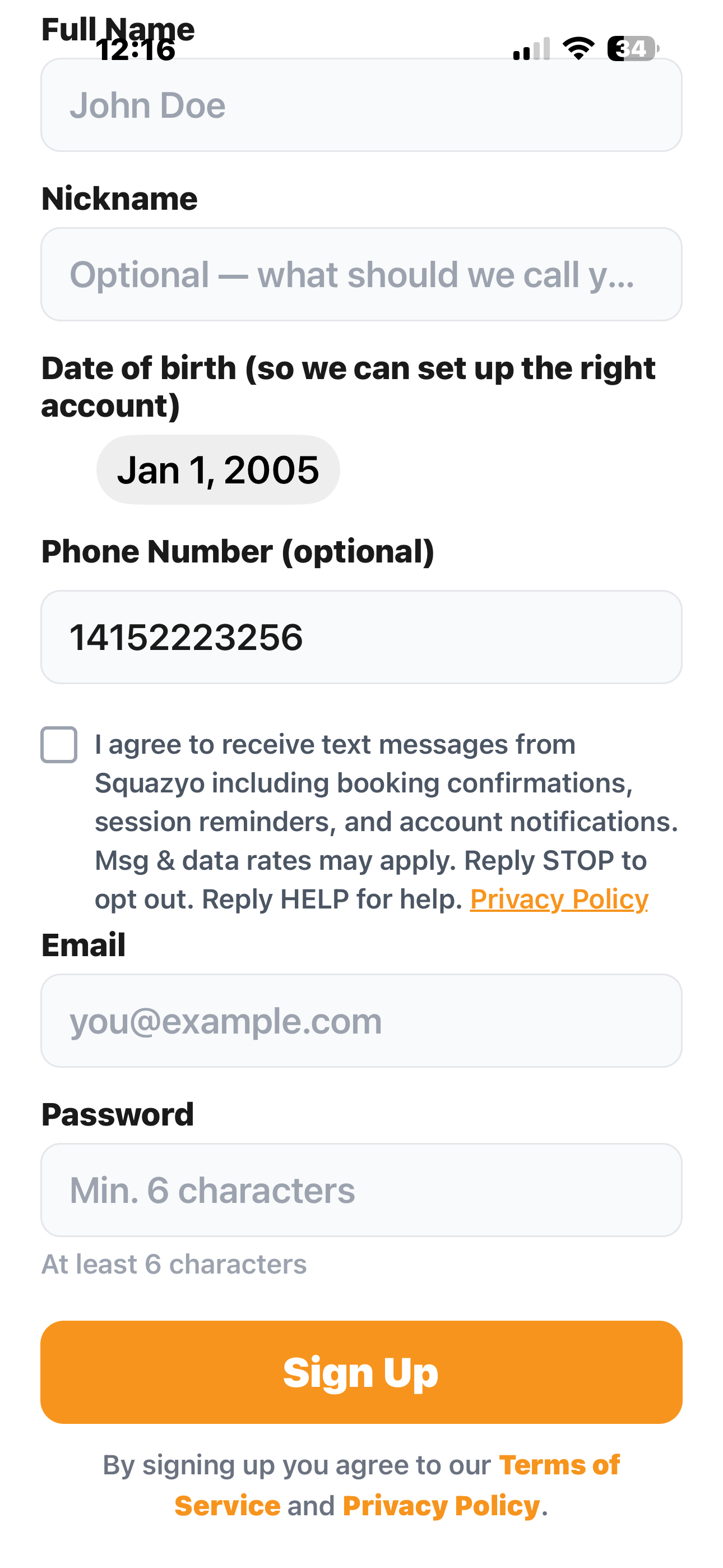 Squazyo SMS opt-in screen showing unchecked consent checkbox